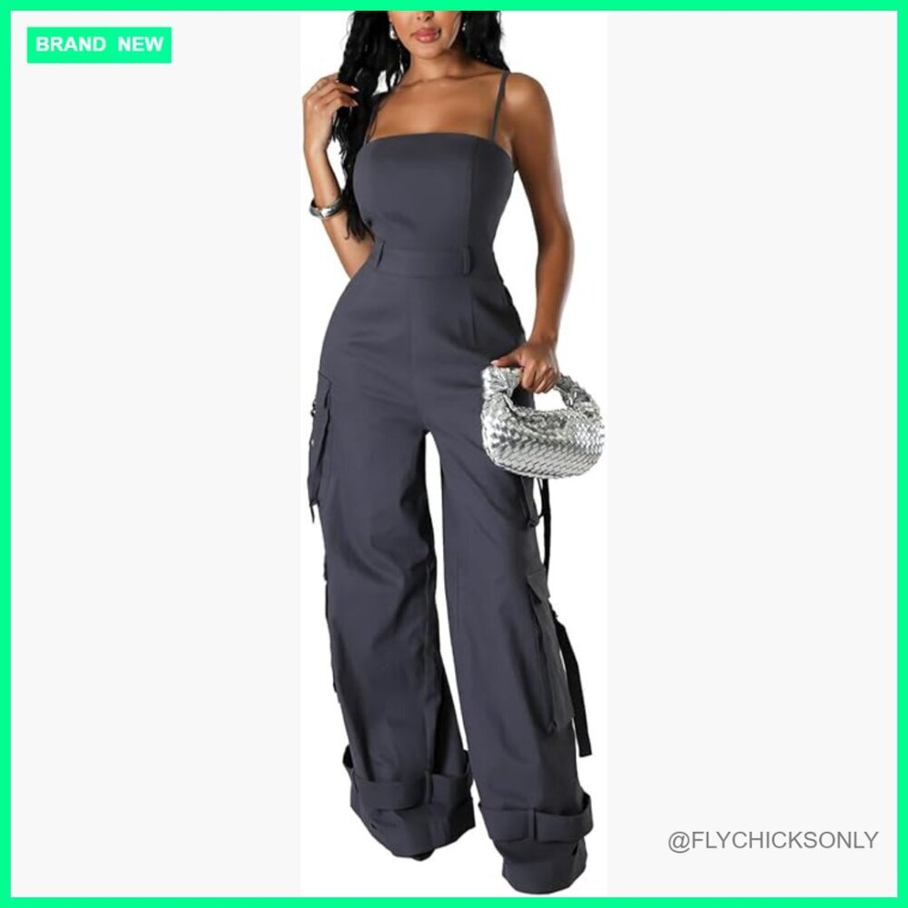 Polyester Elastane Cargo Jumpsuit Wide Leg Romper Multi Pockets